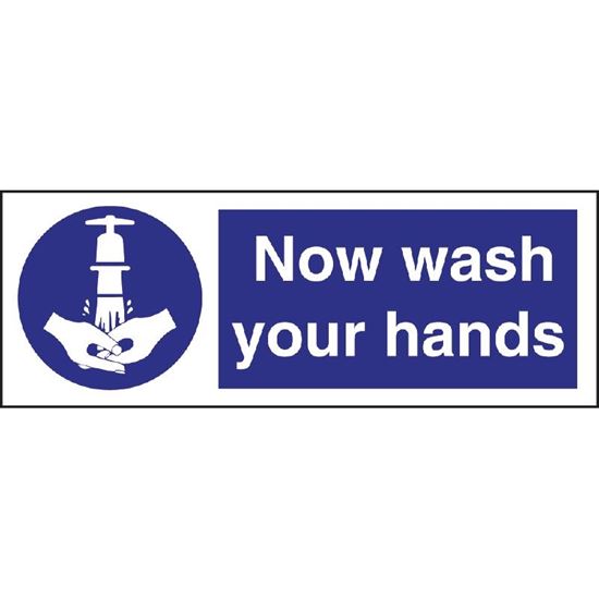 Picture of Now wash your hands symbol sign. Self Adhesive. 93 x123